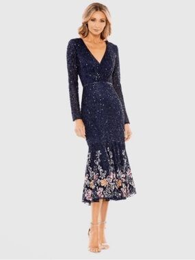 Mac Duggal Navy Sequin Floral-Trim V-Neck Midi Dress Size 6 New